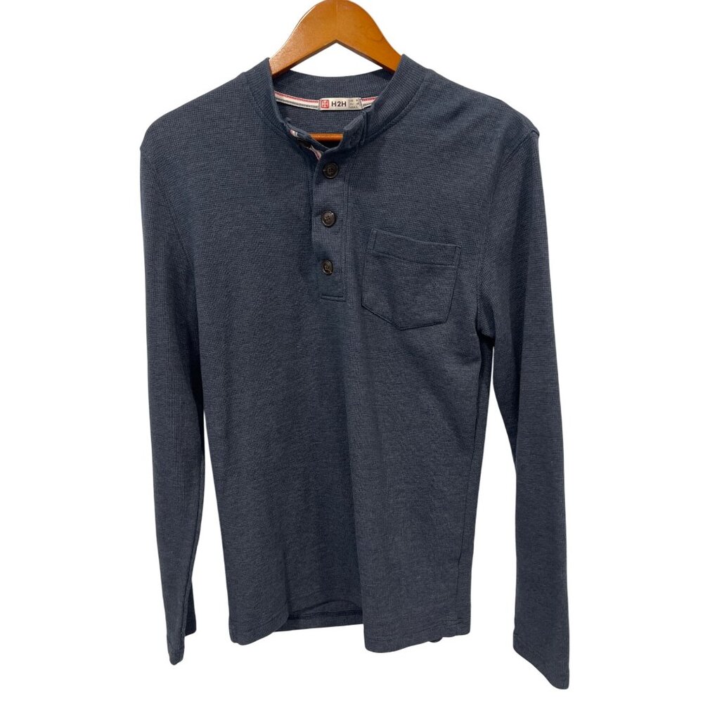 H2H Waffle Knit Long Sleeve Thermal Henley Shirt Mens M Poly Cotton Gray Comfort